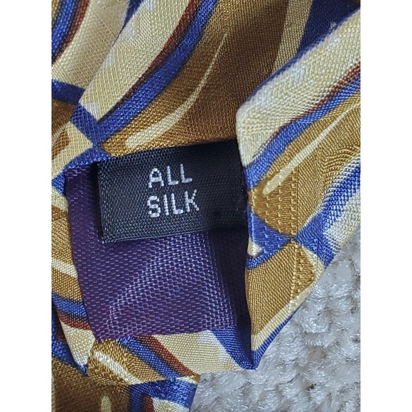 Tom James Silk Neck Tie Geometric Design Gold Blue and Cream 58" - Picture 5 of 6